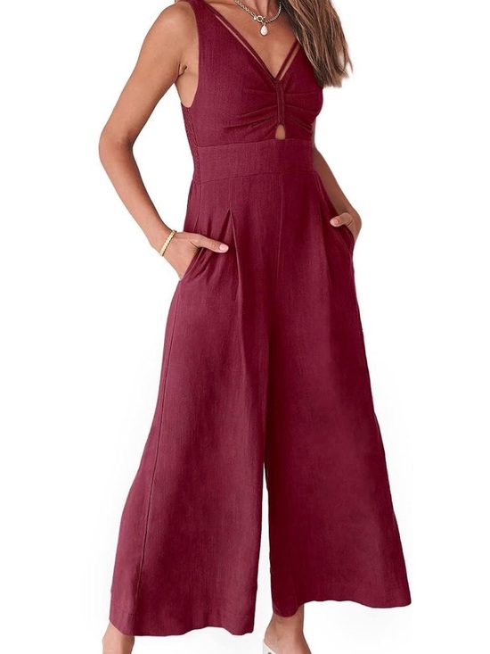 Pants - Women’s Burgundy Wide-Leg Jumpsuit with V-Neck